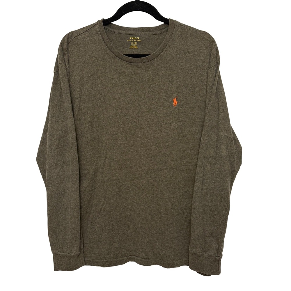 Polo Ralph Lauren Mens Long Sleeve T-Shirt Olive Green Heather Orange Pony LG